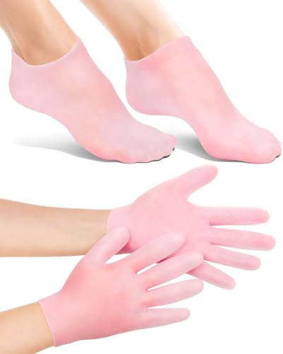 Pink Silicone Moisturizing Socks & Gloves Set for Foot & Hand Care, Reusable Spa Pedicure