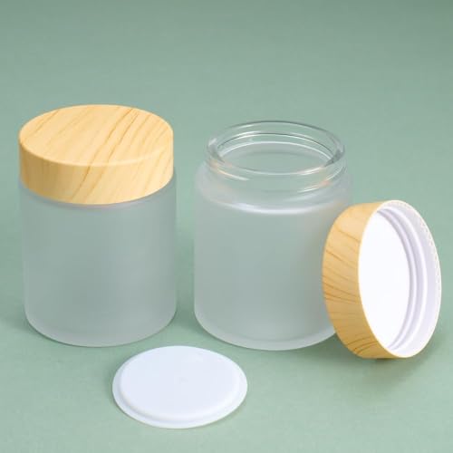 White Frosted Glass Cosmetic Jars 100g Refillable Containers with Wood Grain Lids - Travel Size