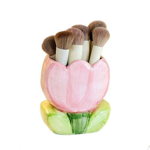 TANG SONG Pink Ceramic Tulip Makeup Brush Holder & Organizer