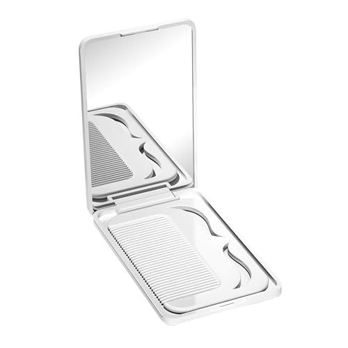Jurrissa Protable Folding Mirror with Case, White – 2-in-1 Travel Compact Mirror & Hair Comb