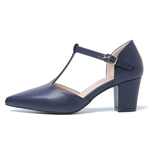 Women's T-Strap Pointed Toe Pumps with Block Heel and Ankle Buckle - Peijely