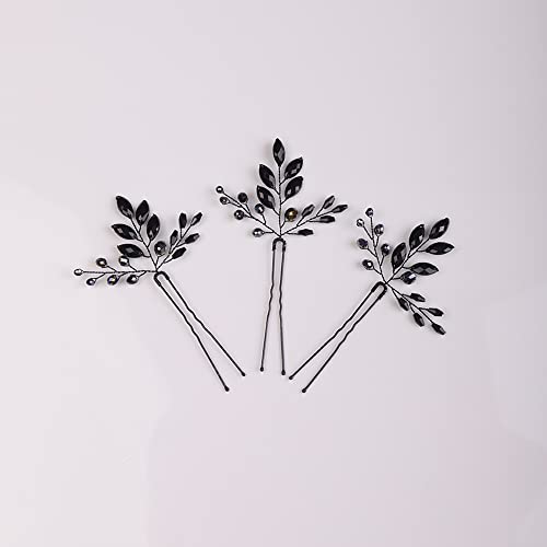 Black Rhinestone Hair Pins for Women - Wedding Crystal Accessories (3pcs)