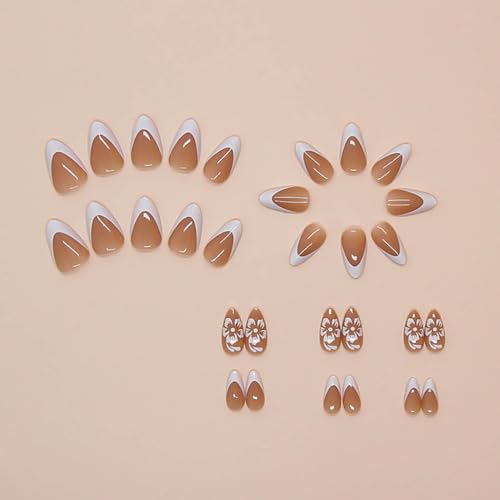 RikView Medium Almond French Tip Press-On Nails with Flower Design, Glossy Fake Nails for Women, 24 Pcs