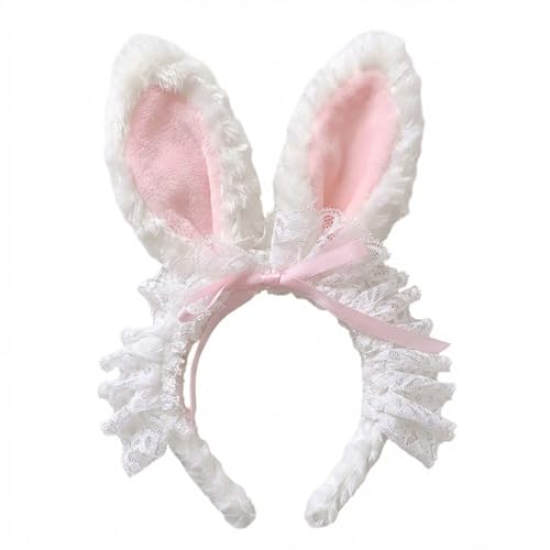 Pink Lace Easter Bunny Ears Headband with Curly Rabbit Hair Accessories for Parties & Photos