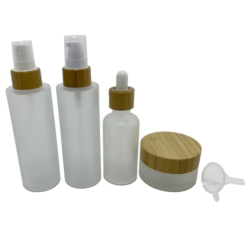 Frosted Glass Cosmetic Container Set with Bamboo Cover - 4 Pack