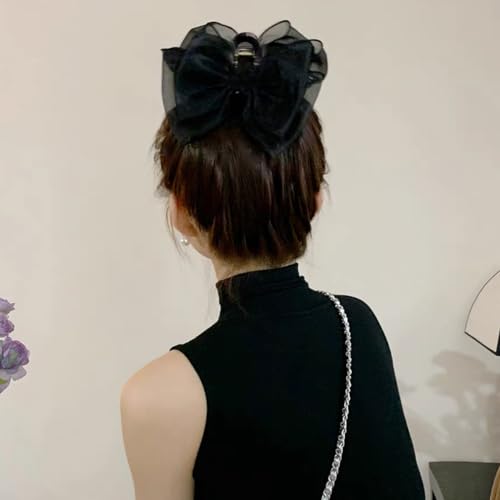 Large Black Mesh Tulle Bow Hair Claw Clips with Diamonds - 2 PCS