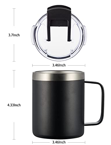 12oz Insulated Travel Coffee Mug with Handle - Black Stainless Steel Tumbler