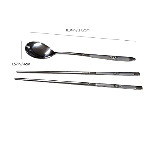 Korean Traditional Stainless Steel Spoon & Chopsticks Set - Silver Turtle