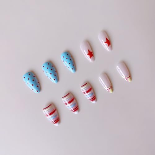 Medium Almond Press-On Nails with Polka Dots & Stripes - 24 Pcs