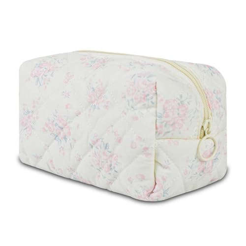 Pink Roses Quilted Makeup Bag for Women Girls Travel Cosmetic Organizer Cute & Spacious