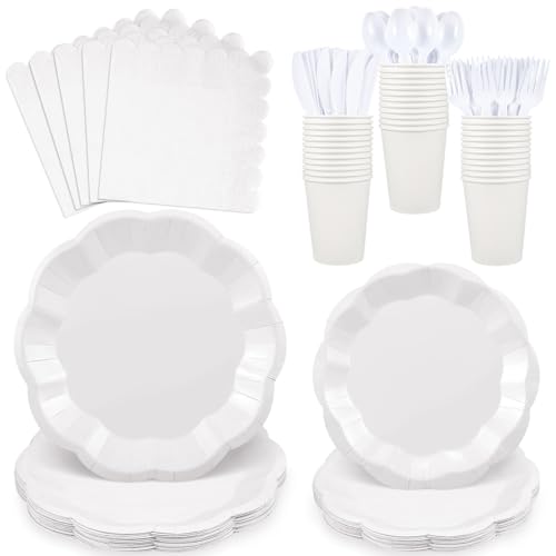 175 Pcs White Party Supplies Set for 25 Guests - Plates, Napkins & Cutlery