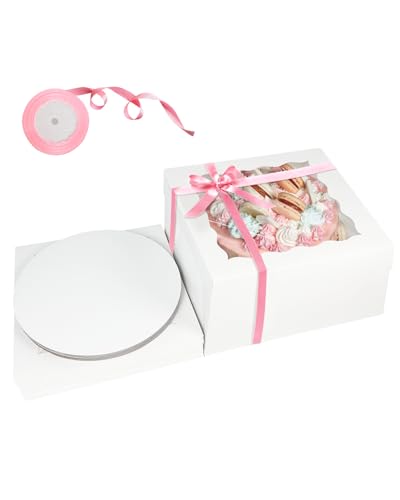 qiqee 10x10x8 White Cake Box Set with 10" Round Boards & Ribbon