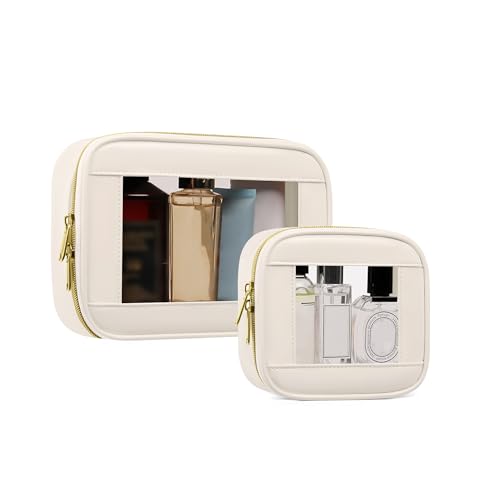 JRQCSJY 2-Piece Waterproof Clear Makeup Bags Set Beige-2 Mini & Medium TSA Travel Cosmetics