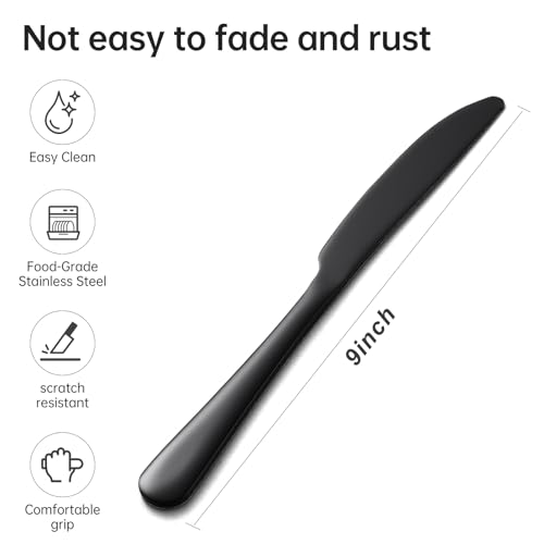 Set of 6 Stainless Steel Butter Knives - 9 Inch Black Silverware