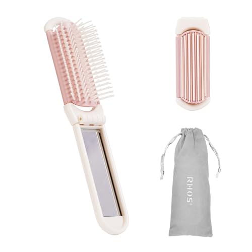 RHOS Folding Hair Brush with Mirror - Mini Pocket Brush for Travel