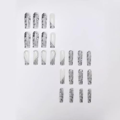 Black Silver French Tip Fake Nails with Heart Design - Reusable Square Press-On, 24 Pcs