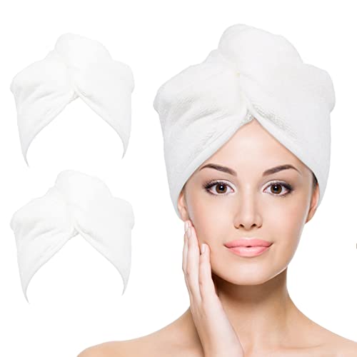 YoulerTex White Hair Towel Wrap 2 Pack - Absorbent Turban for Curly & Long Hair