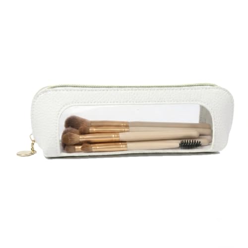 Portable Makeup Brush Bag with Zipper - White Pebbled Cosmetic Organizer