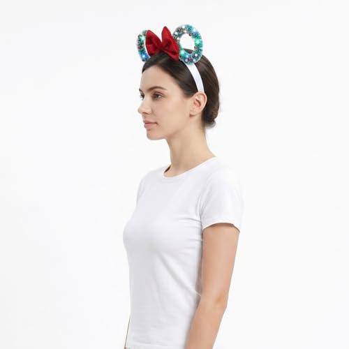 LED Christmas Mouse Ear Headband with Green Velvet Bow