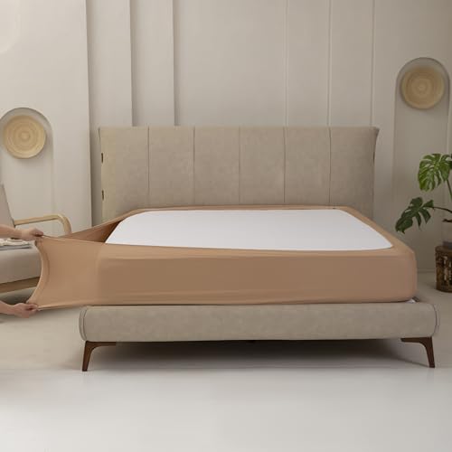 Queen Size Stretchy Box Spring Cover - Jersey Knit Bed Skirt in Camel