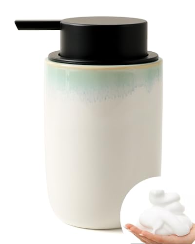 BosilunLife White Ceramic Foam Soap Dispenser with Blue-Green Rim - 1 Pack