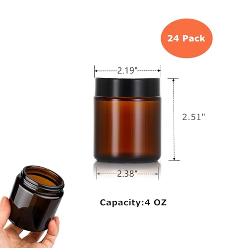 24 Pack 4oz Amber Glass Jars with Black Lids - Reusable Cosmetic & Travel Containers