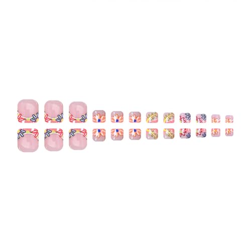 Flowers French Tip Short Square Press-On Toenails with Floral Design for Women