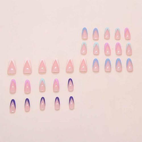 Almond Press-On Nails Medium Length Nude Pink with Colorful French Tips 24 Pcs