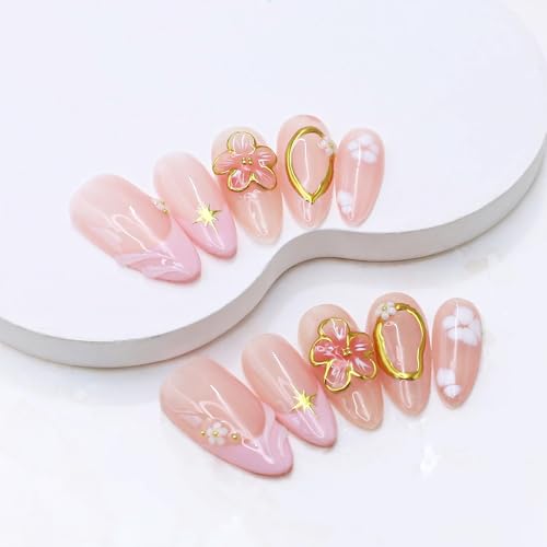 OCOUYVD Medium Almond Fake Nails with 3D Gold Embossed Flower Design - Size M / 2426