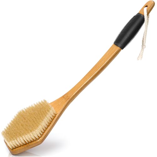 Eaxun 17.5-Inch Bamboo Back Scrubber with Curved Handle for Shower and Skin Exfoliation