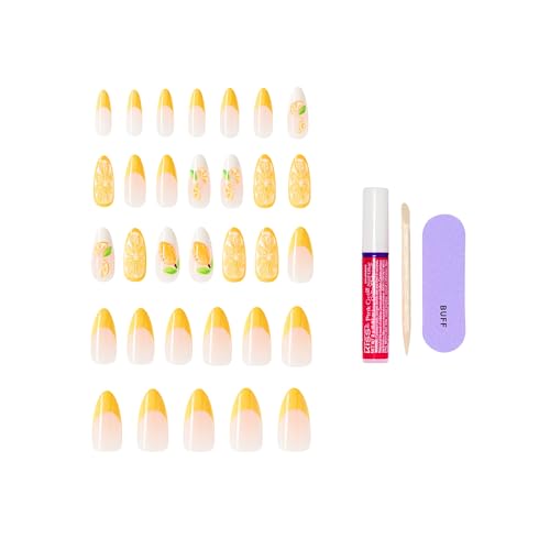KISS Glam Long Cherish the Moment Press On Nails with Nail Glue – Yellow, Almond Shape, 32 Nails + Tools