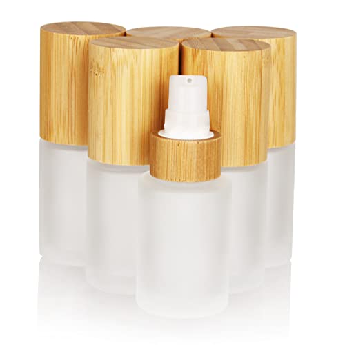 COSIDEA 30ml Frosted Glass Bottles with Bamboo Lotion Pump - 6 Pack