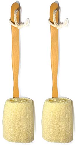 Natural Loofah Bath Brush with Long Wooden Handle - Exfoliating Shower Sponge for Body & Back