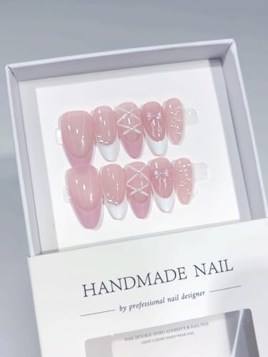 Haozerart Handmade Press On Nails - Medium Almond Pink French Tips