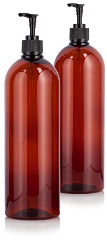JUVITUS 32oz Amber Boston Round PET Plastic Bottles with Black Lotion Pump 2 Pack - BPA Free UV Protection Refillable