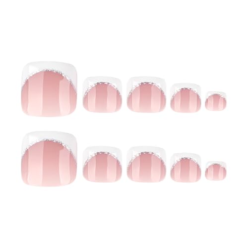 Short Pink French Tip Press On Toenails with Rhinestone Design - 24 Pcs