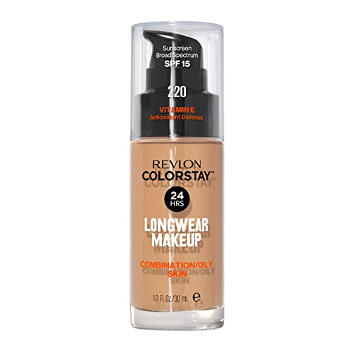 Revlon Liquid Foundation, ColorStay Face Makeup for Combination & Oily Skin, SPF 15, Medium-Full Coverage with Matte Finish, 220 Natural Beige, 1 Fl Oz