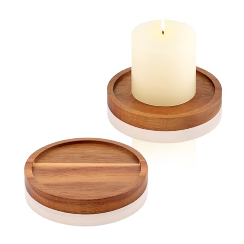 Wooden Candle Holders Set of 2 - Rustic Acacia Pillar Stands
