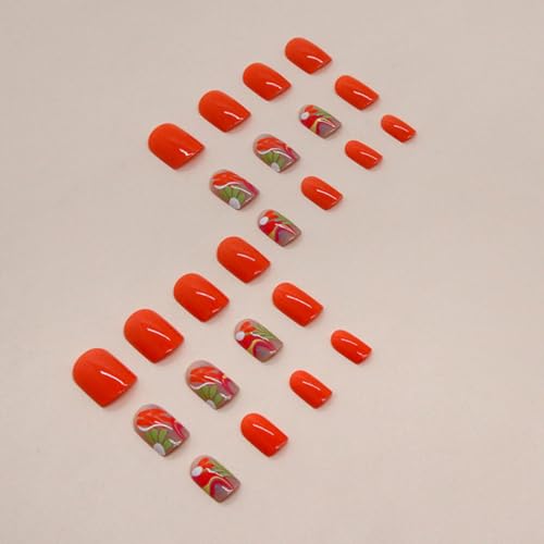 WLGDLH Design 1B1 24Pcs Orange Short Square Press On Nails with Colorful Flower Design