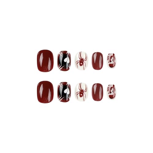 HPYFOI Spider Halloween Press-On Nails Style-4: Short Dark Red Square Reusable 24 Pcs