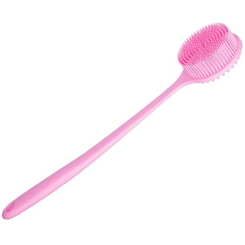 DNC Pink Silicone Back Scrubber with Long Handle - Soft Shower Body Brush