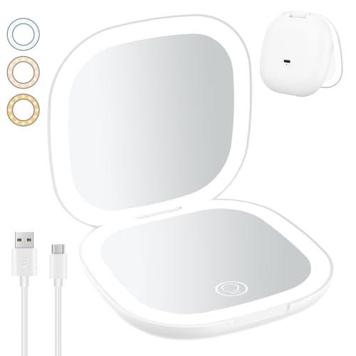 Benbilry LED Compact Travel Makeup Mirror, 1X/10X Magnification, 3-Color Light