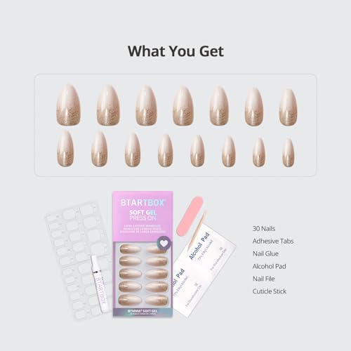 BTArtbox Press On Nails Full Kit - Medium Almond White Fake Nails with Champagne Frost Variation, 30pcs