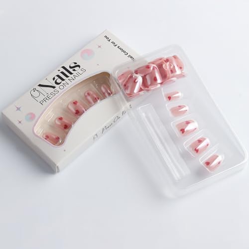 Valentine's Short Square Chrome Fake Nails with Heart Designs - 24Pcs Style 3