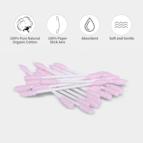 HOMEFOX Pink Organic Cotton Swabs - 200 Count Spiral Tips