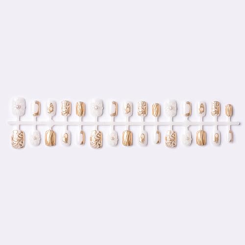 KEHKFSEF 30pcs Flower Press On Nails Short Square White Glossy with 3D Floral Glitter Leaves for Women - Variation 03