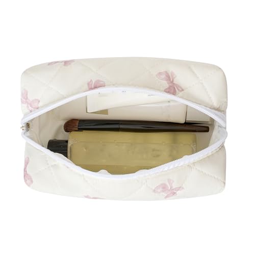 Cute Floral Cotton Makeup Bag - Quilted Cosmetic Bag with Red Bowknot, Large Capacity