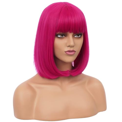 RightOn Hot Pink Bob Wig with Bangs - 12 Inch Short Straight Hair