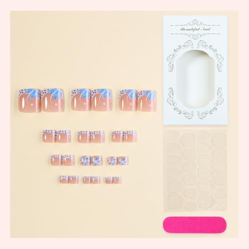 Polka Dots French Flowers 24Pcs Short Square Press-On Toenails with Glossy Finish & Glue, Reusable Fake Toe Nails for Women