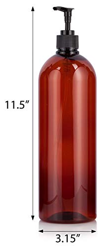 JUVITUS 32oz Amber Boston Round PET Plastic Bottles with Black Lotion Pump 2 Pack - BPA Free UV Protection Refillable